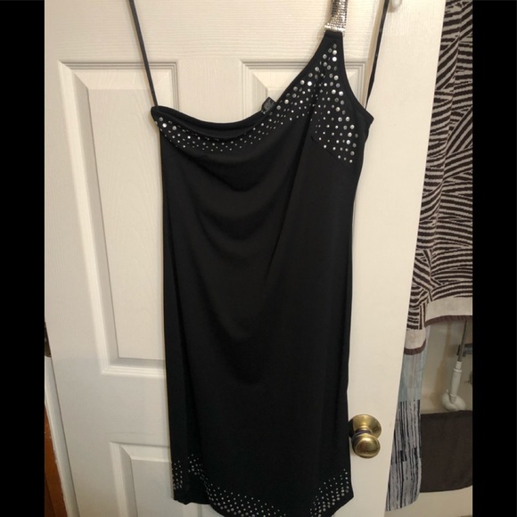 Express size 12 black one shoulder dress silver studded ,silver mesh detail - Picture 9 of 16